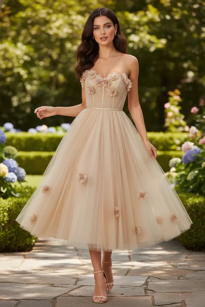 3D Floral Strapless Tulle Tea-Length Prom Dress | Sevoba
