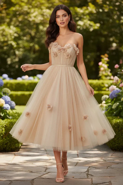 3D Floral Strapless Tulle Tea-Length Prom Dress | Sevoba