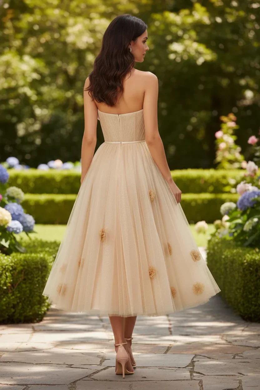 3D Floral Strapless Tulle Tea-Length Prom Dress | Sevoba