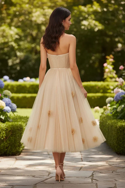 3D Floral Strapless Tulle Tea-Length Prom Dress | Sevoba