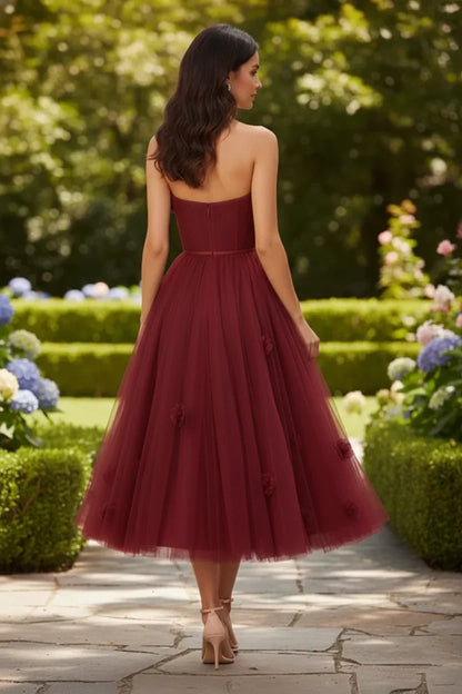 3D Floral Strapless Tulle Tea-Length Prom Dress | Sevoba