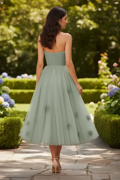 3D Floral Strapless Tulle Tea-Length Prom Dress | Sevoba