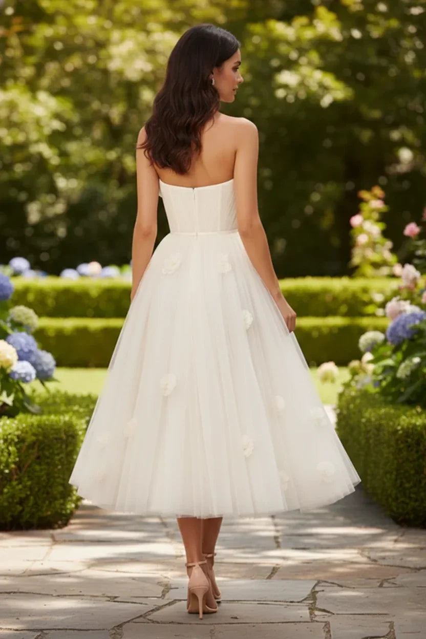 3D Floral Strapless Tulle Tea-Length Prom Dress | Sevoba