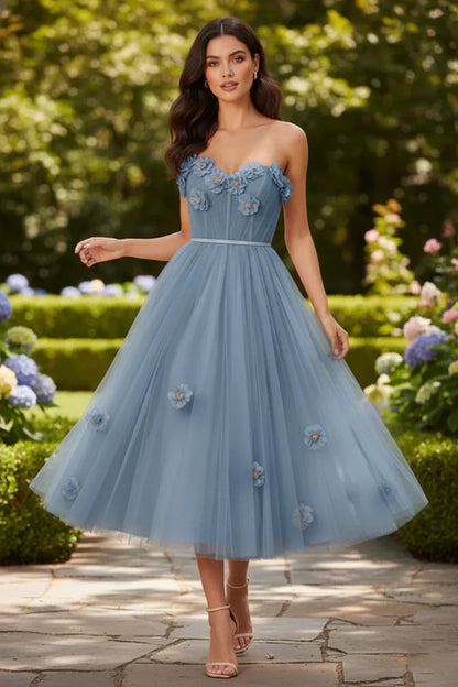 3D Floral Strapless Tulle Tea-Length Prom Dress | Sevoba