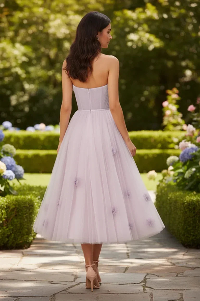 3D Floral Strapless Tulle Tea-Length Prom Dress | Sevoba