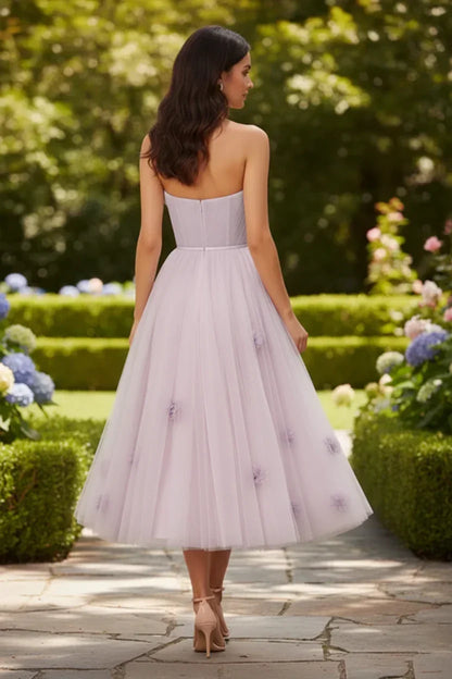 3D Floral Strapless Tulle Tea-Length Prom Dress | Sevoba