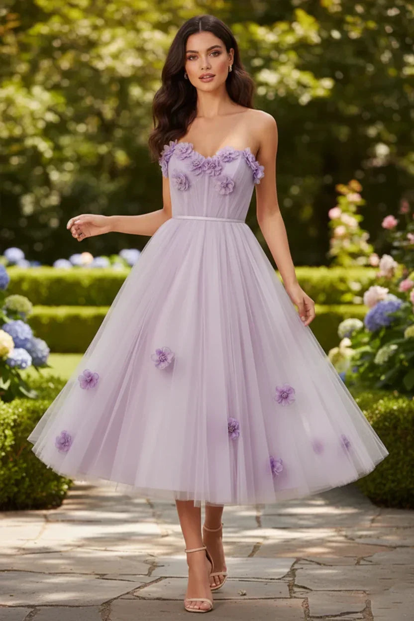 3D Floral Strapless Tulle Tea-Length Prom Dress | Sevoba