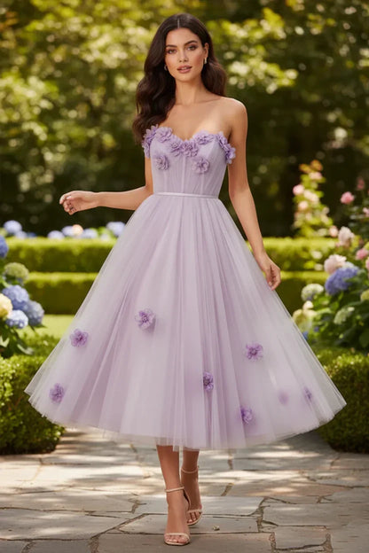 3D Floral Strapless Tulle Tea-Length Prom Dress | Sevoba