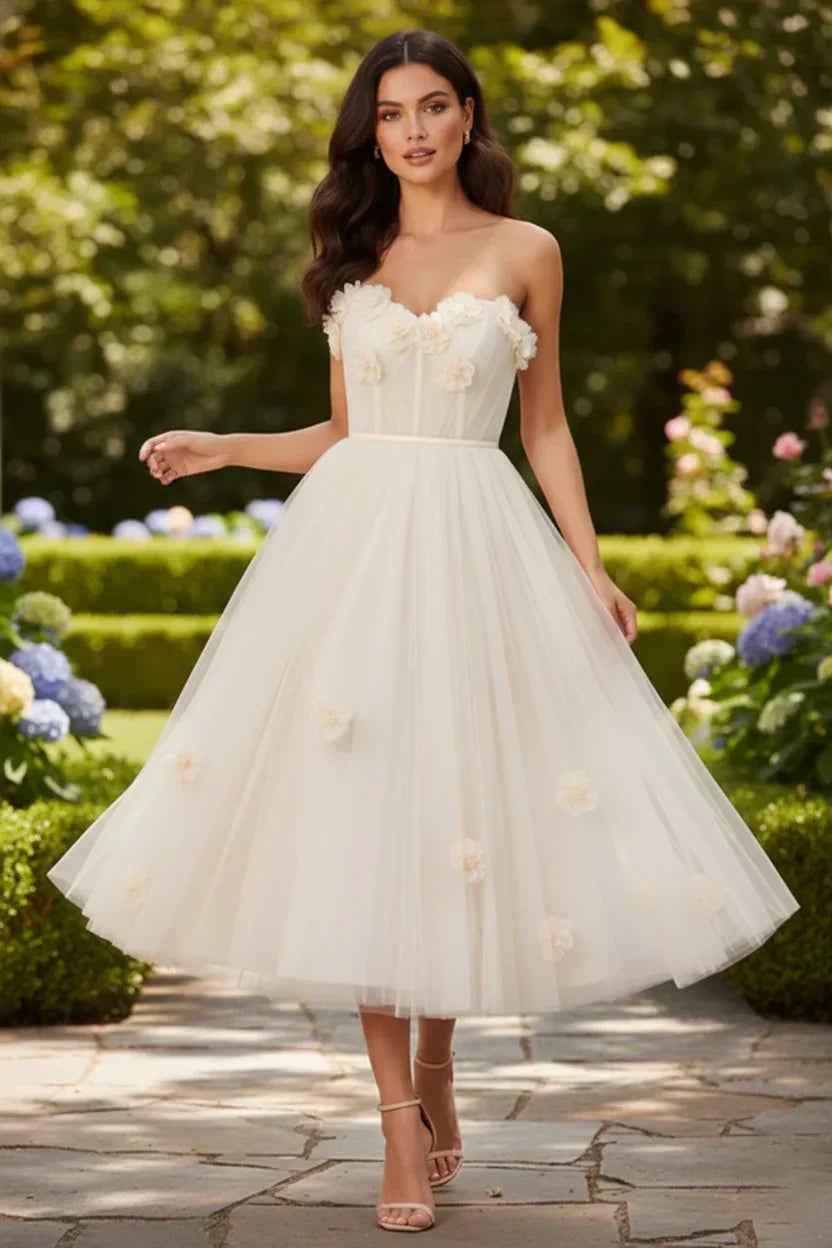 3D Floral Strapless Tulle Tea-Length Prom Dress | Sevoba