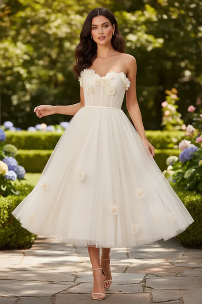 3D Floral Strapless Tulle Tea-Length Prom Dress | Sevoba