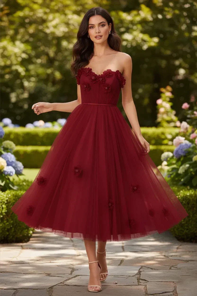 3D Floral Strapless Tulle Tea-Length Prom Dress | Sevoba