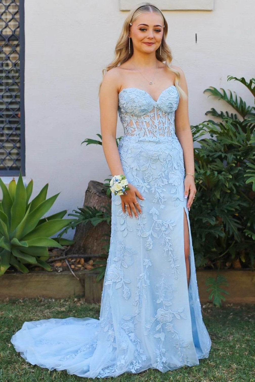Sevoba|Classic Lace Appliques Strapless Mermaid Prom Dress with Slit