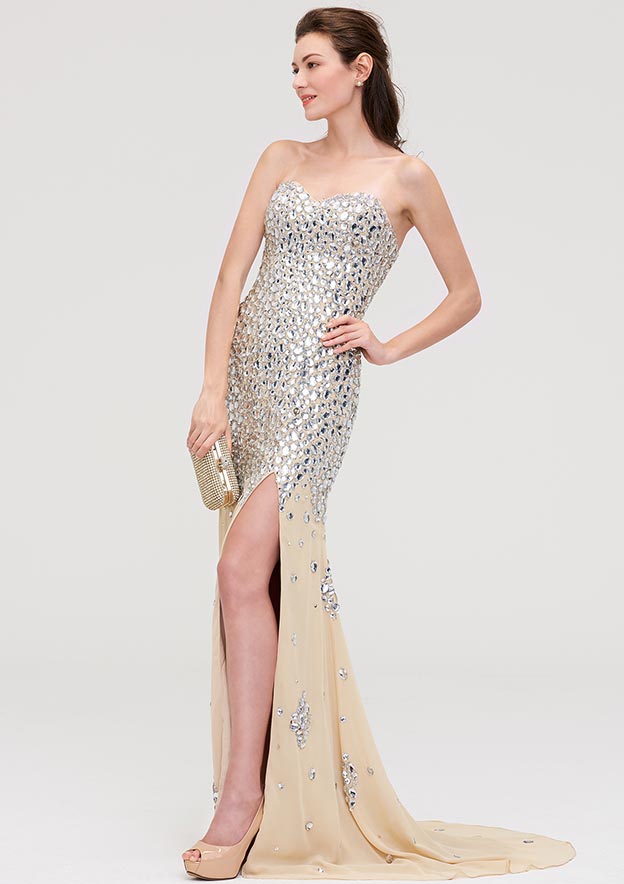 Sheath/Column Sweetheart Sleeveless Court Train Chiffon Evening Dress With Beading