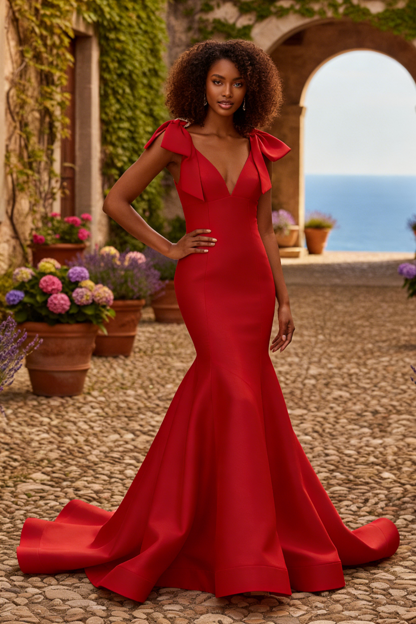 Luxury Deep V-Neck Mermaid Prom Dresses with Pink Floral Print | Sevoba