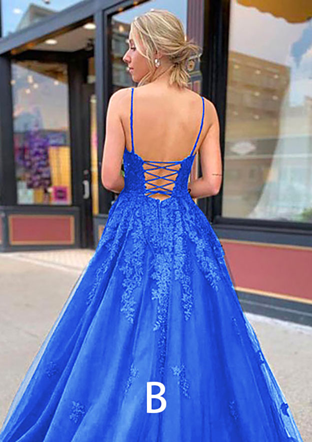 A-line V Neck Spaghetti Straps Sweep Train Tulle Prom Dress With Appliqued