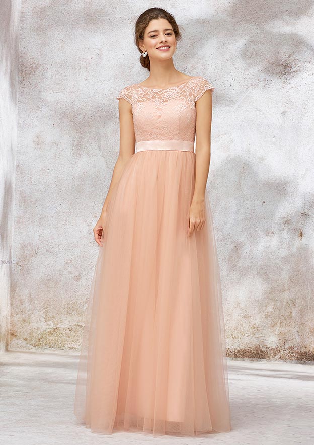 Tulle Bridesmaid Dress A-line/Princess Bateau Sleeveless Long/Floor-Length With Sashes Lace