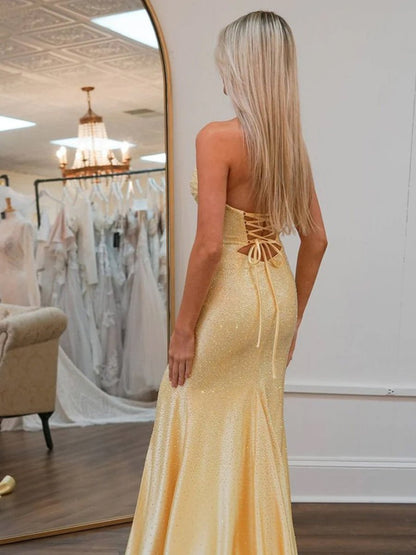 Sevoba | Glitter Mermaid Yellow Sweetheart Cut-out Long Prom Dress with Beading