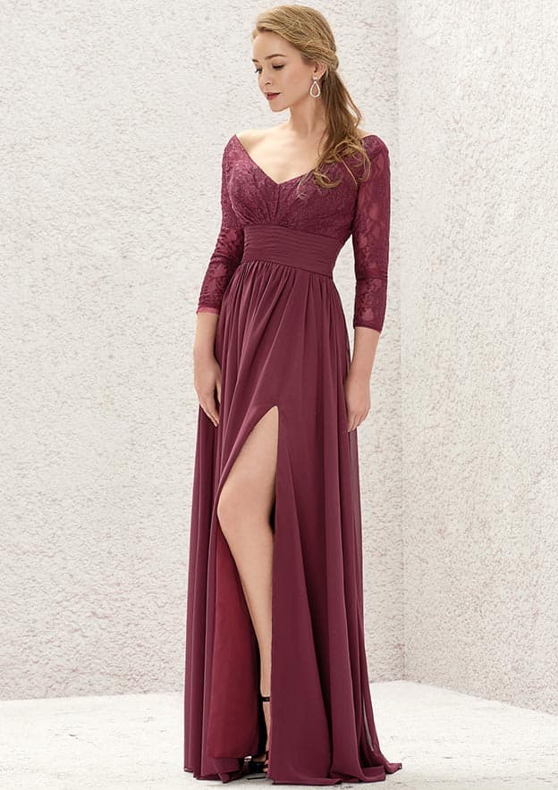 A-line V Neck Full/Long Sleeve Long/Floor-Length Chiffon Bridesmaid Dress With Lace Split Pleated