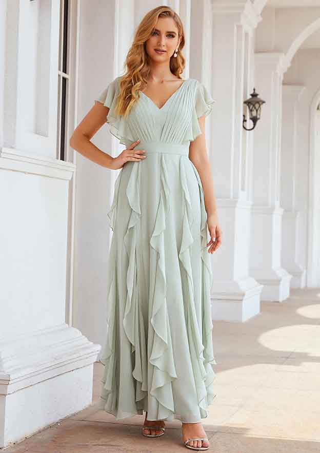 A-line V Neck Short Sleeve Long/Floor-Length Chiffon Bridesmaid Dress With Pleated Ruffles