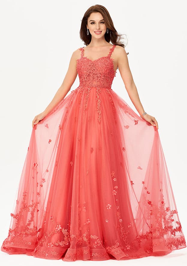 Princess A-line Sweetheart Sleeveless Tulle Satin Court Train Prom Dress With Fringe Flowers Lace