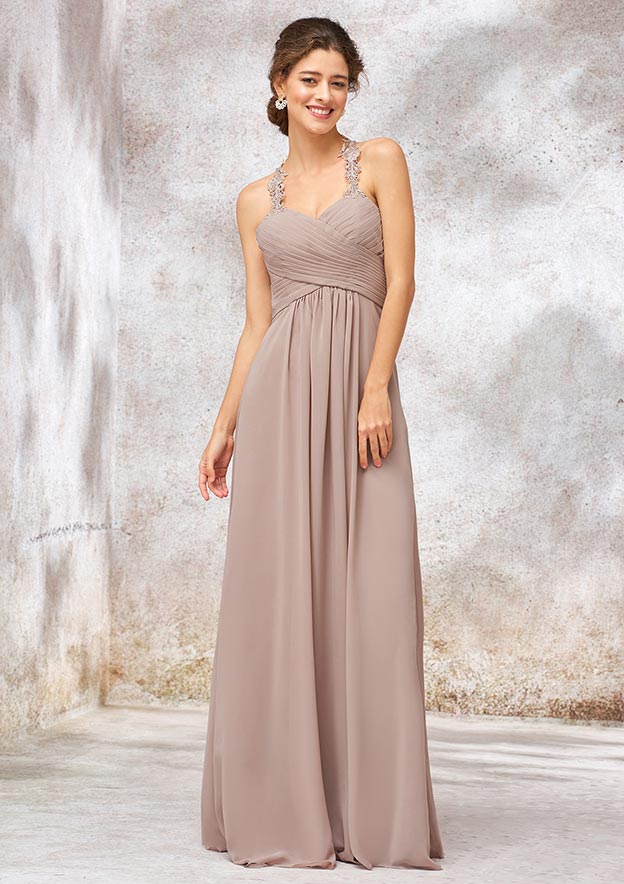 A-line Sweetheart Sleeveless Chiffon Long/Floor-Length Bridesmaid Dress With Lace Pleated