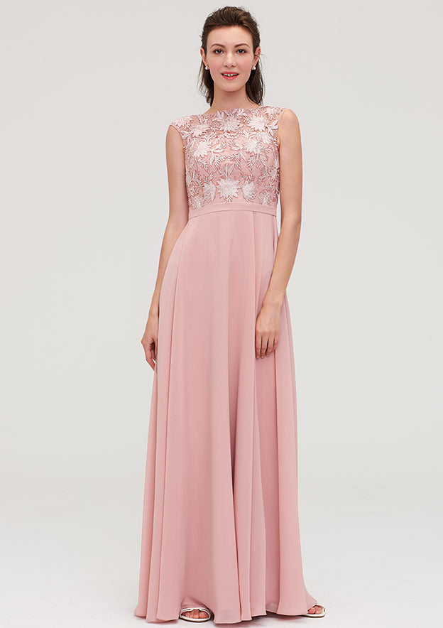 A-line/Princess Bateau Sleeveless Long/Floor-Length Chiffon Bridesmaid Dresses With Sashes Appliqued