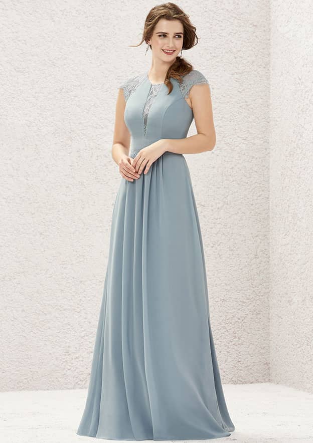 A-line Scoop Neck Sleeveless Long/Floor-Length Chiffon Bridesmaid Dress With Pleated Lace