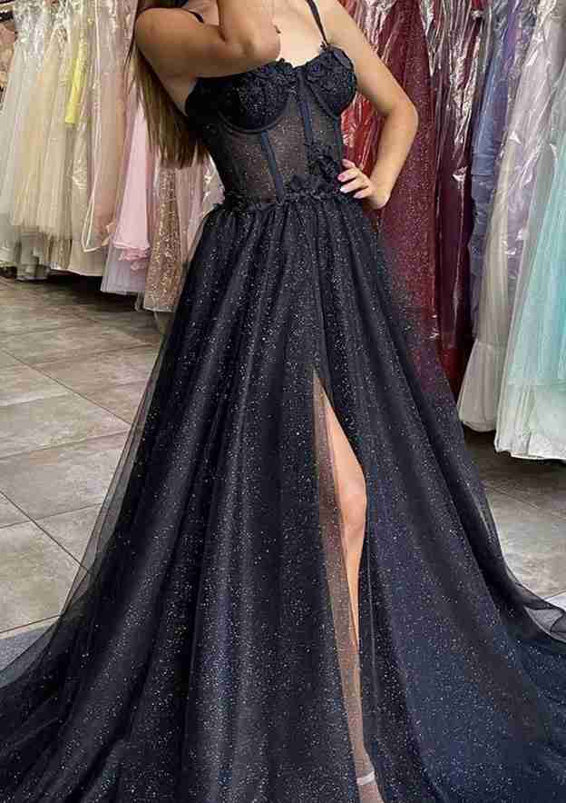 A-line Sweetheart Spaghetti Straps Sweep Train Tulle Glitter Prom Dress With Appliqued