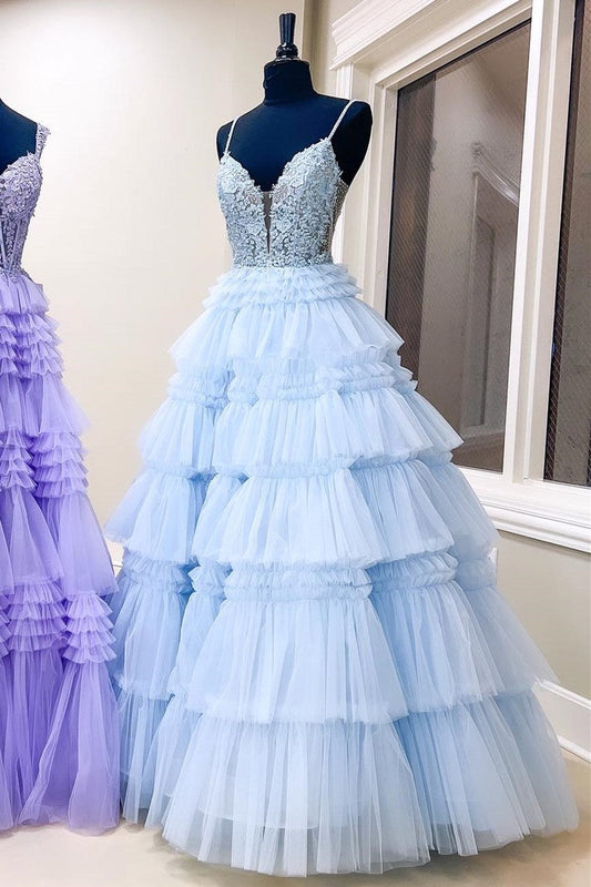 Sevoba|Spaghetti Strap V-Neck Sleeveless Ruffle Tiered Tulle Long Prom Dress