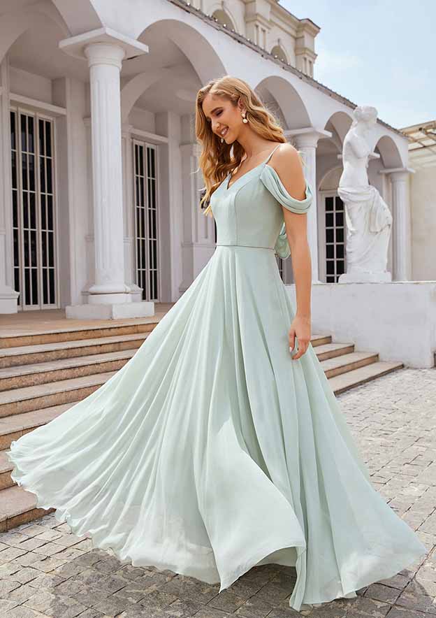 A-line Off-the-Shoulder Sleeveless Long/Floor-Length Chiffon Bridesmaid Dresses With Pleated