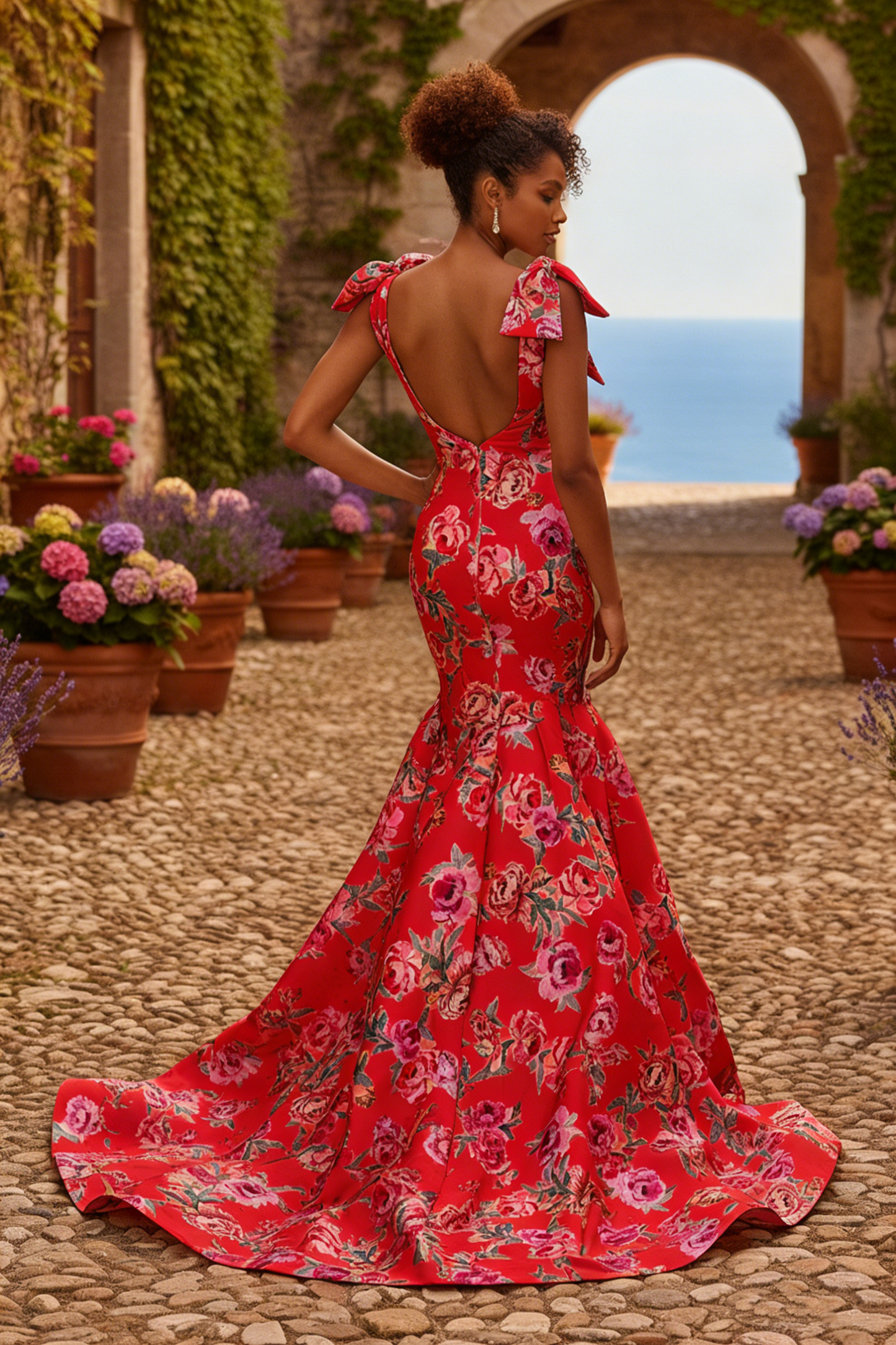 Luxury Deep V-Neck Mermaid Prom Dresses with Pink Floral Print | Sevoba