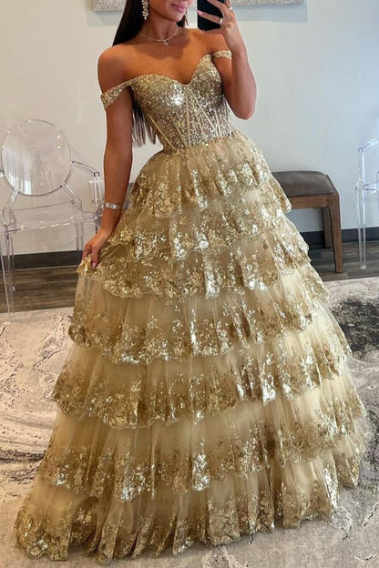 Princess Off the Shoulder Sequined Lace Prom Dress