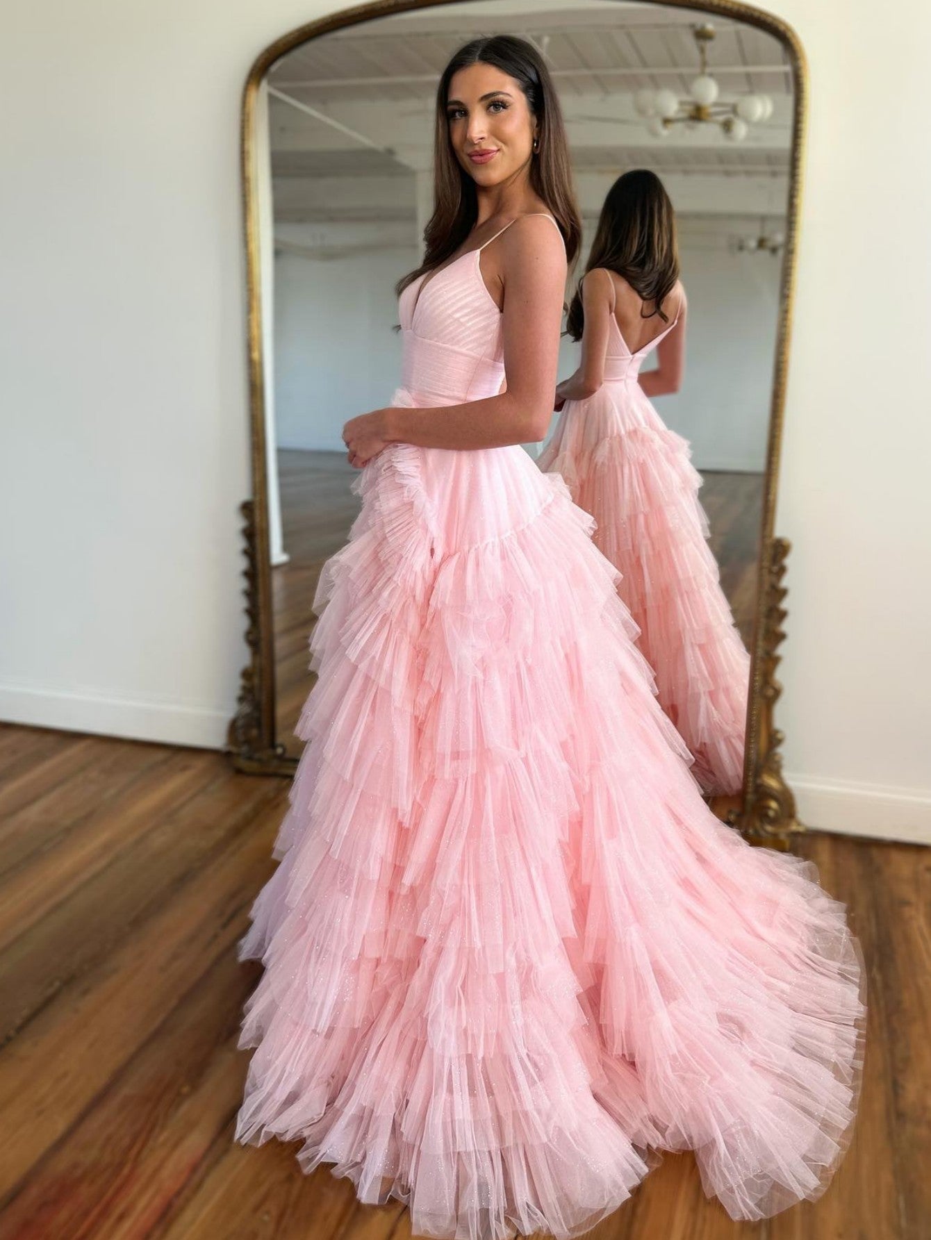 Sevoba | Light Pink A-Line Tiered Spaghetti Straps Tulle Prom Dress