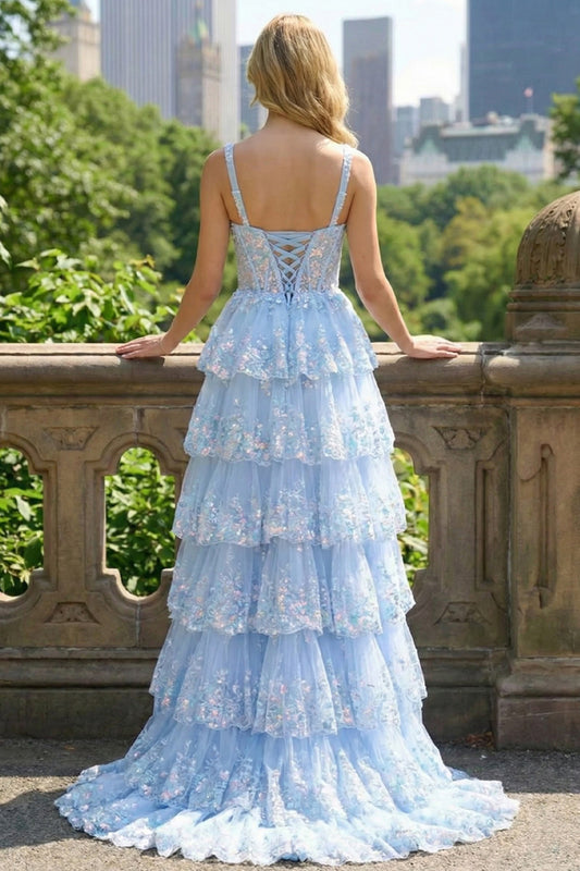 Sevoba lace tiered A-line prom dress with lace-up corset back and layered ruffle skirt, back view outdoors
