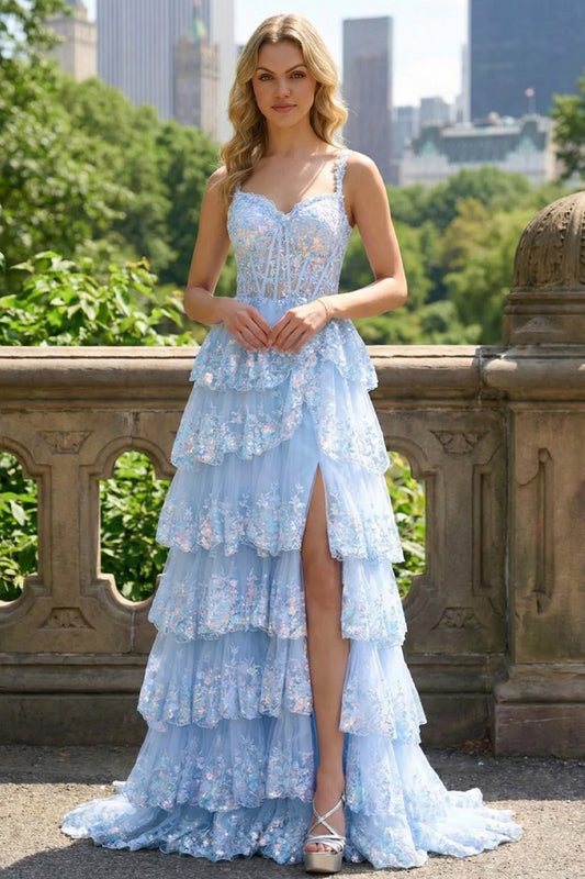 Sevoba lace tiered A-line prom dress with sweetheart corset bodice and front slit, front view outdoors