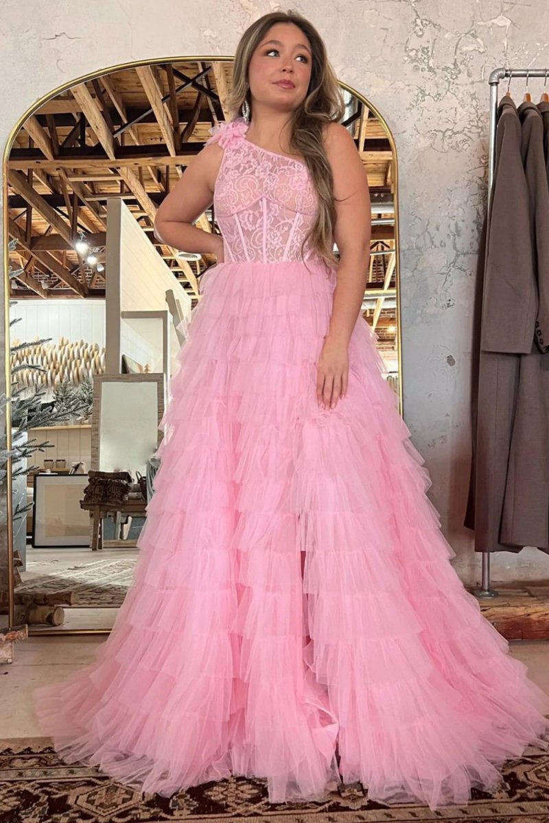 Sevoba | A Line One Shoulder Tiered Long Prom Dress