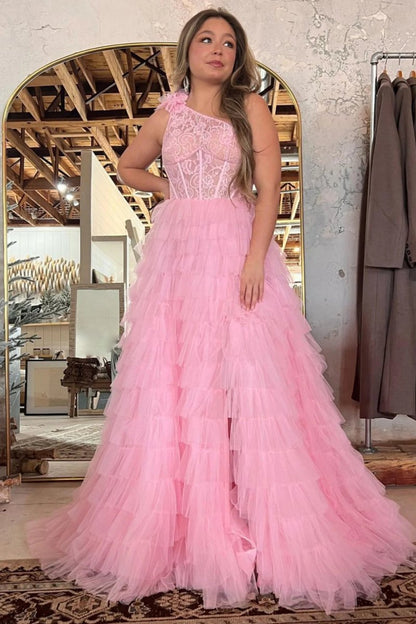 Sevoba | A Line One Shoulder Tiered Long Prom Dress