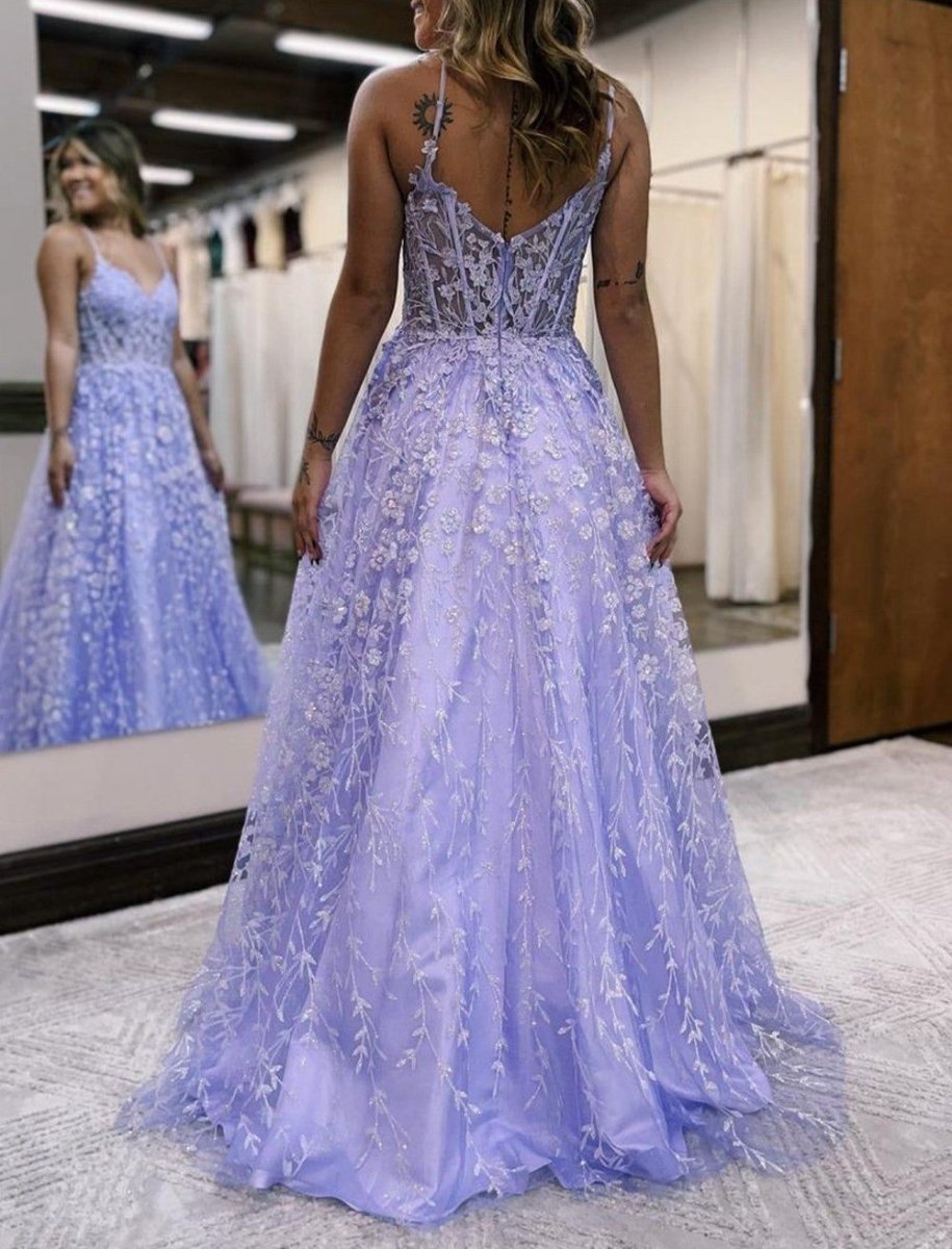 A Line Spaghetti Straps Lilac Corset Prom Dress with Appliques