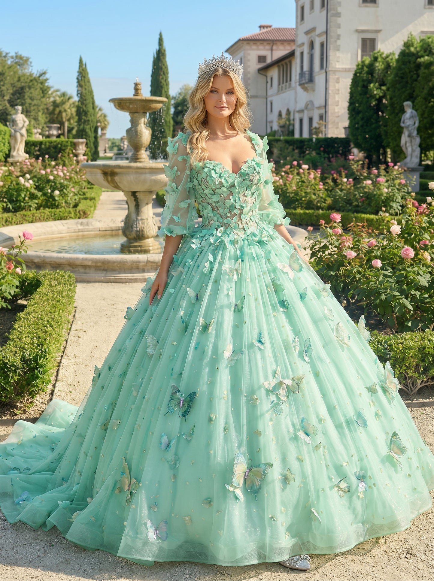 Charming Ball Gown Illusion Long Sleeves Quinceañera Dress With 3D Butterfly | Sevoba