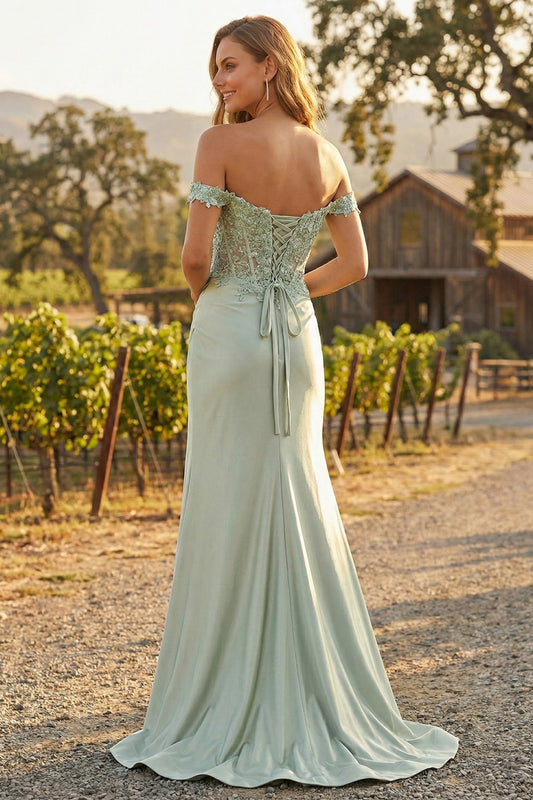 Sevoba sage green off-the-shoulder lace corset prom dress with lace-up back and floor-length skirt, back view in vineyard setting