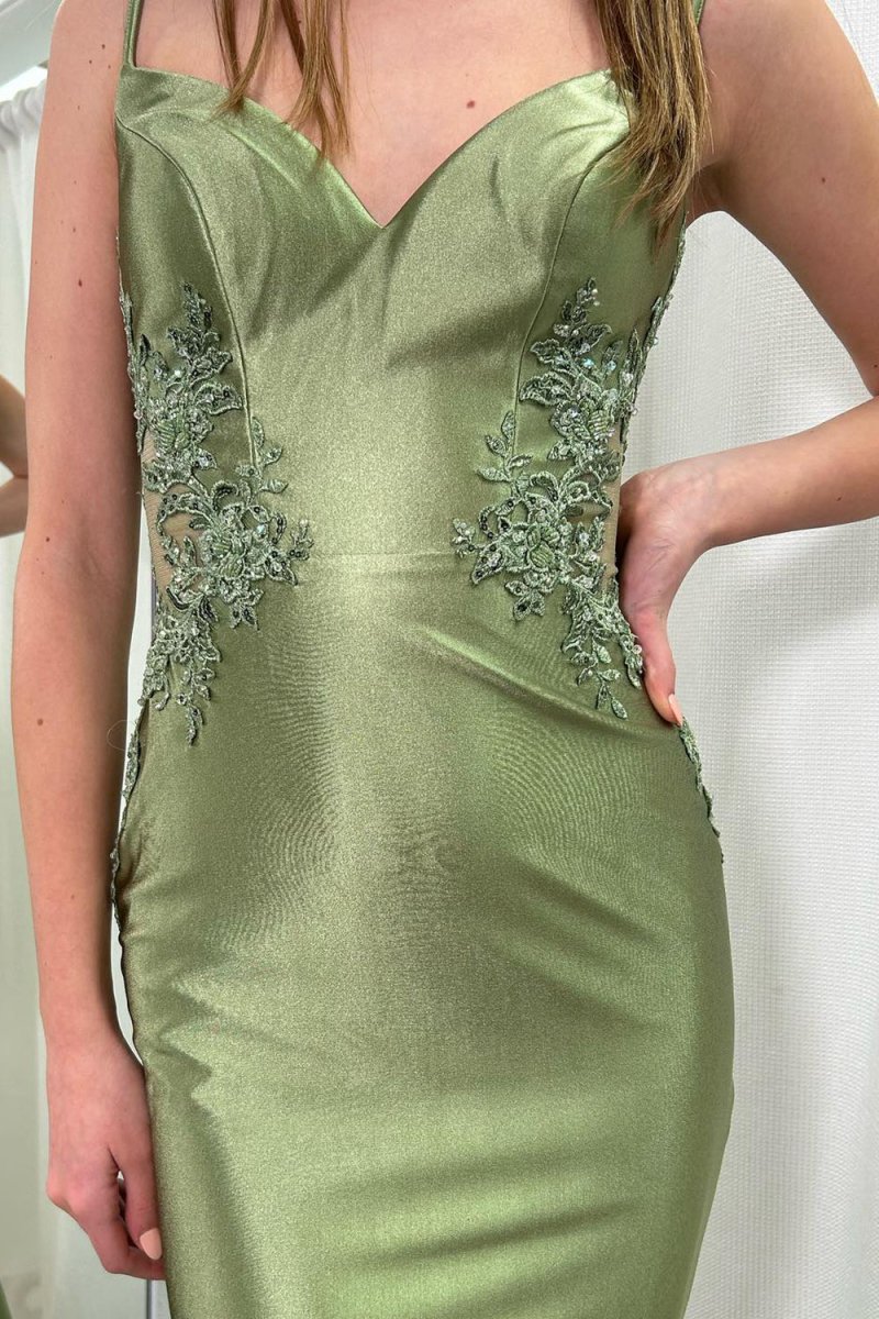 Sage Green Spaghetti Strap Backless Trumpet Long Gown