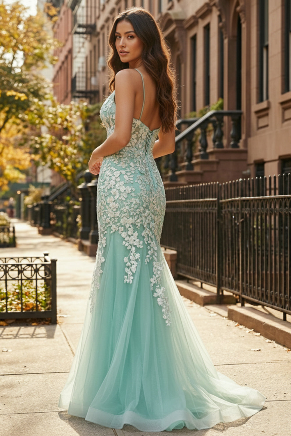 Sevoba Spaghetti Strap Mint Green Floral Lace Mermaid Prom Dress. Front view on street.
