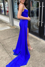 Red Beaded Queen Anne Neck Straps Long Formal Gown with Attached Train