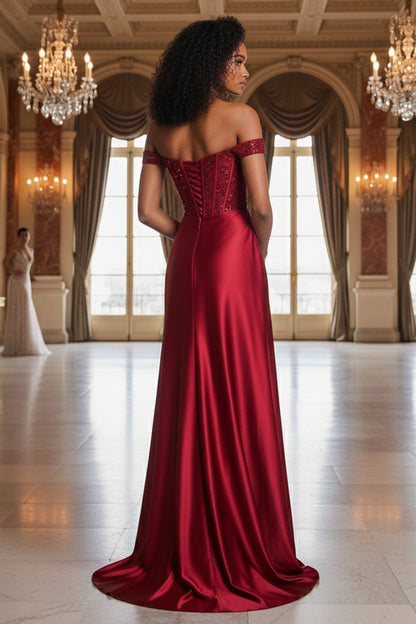 Sevoba Off-the-Shoulder Red Lace Corset Satin A-Line Prom Dress with Slit. Back view showing lace up.