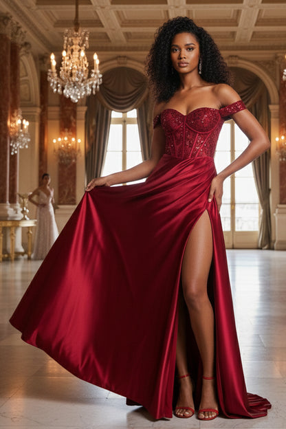 Sevoba Off-the-Shoulder Red Lace Corset Satin A-Line Prom Dress with Slit front view showing high slit.
