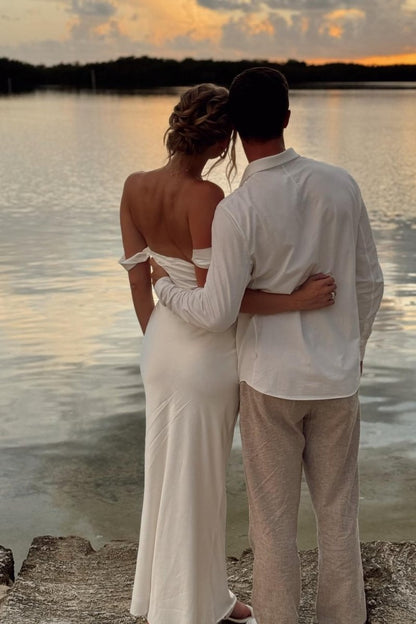 Marquina | Off the Shoulder Coral Mermaid Satin Long Party Dress