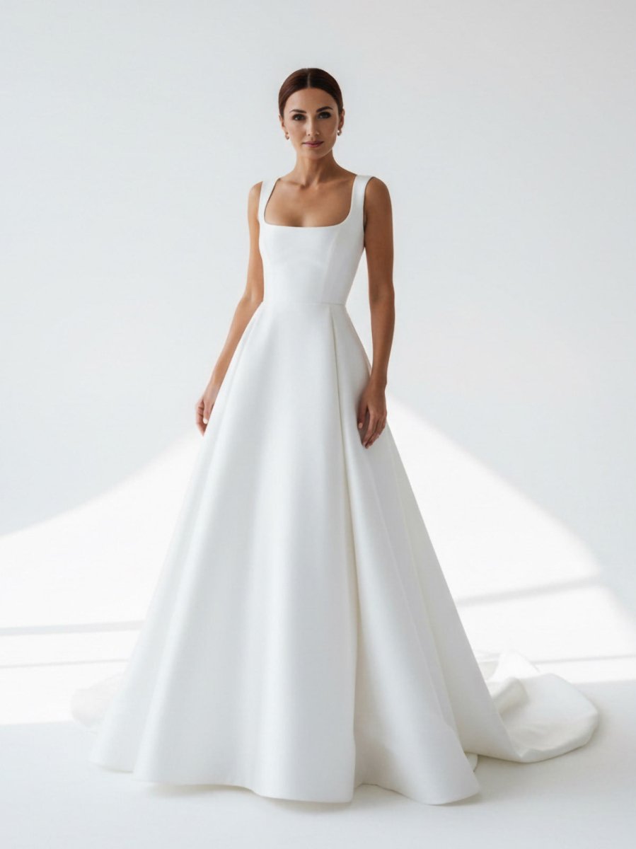 Sevoba|Simple A-Line Square Neck White Satin Wedding Dresses