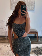 Petra | Red Spaghetti Straps Cutout Beaded Mermaid Long Dress With Split