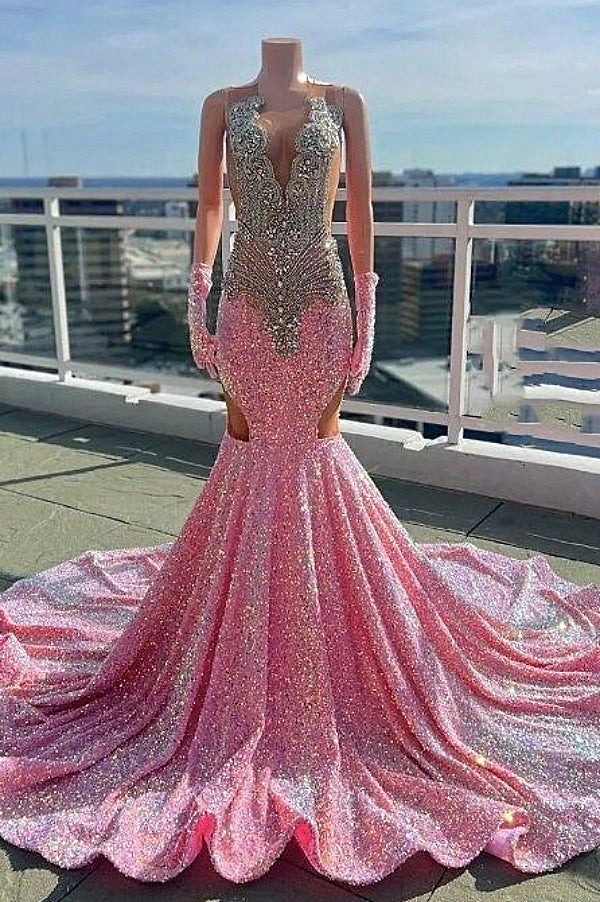 Elegant V-neck Silver Beaded Pink Long Prom Party Dresses with Cutout