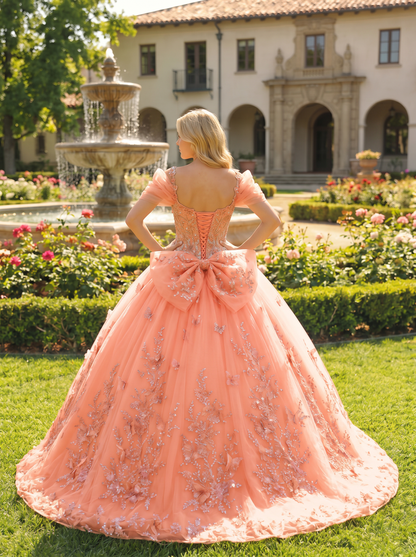Elegant Ball Gown Cold Shoulder Quinceañera Dress With Floral Embroidery and 3D Butterfly | Sevoba